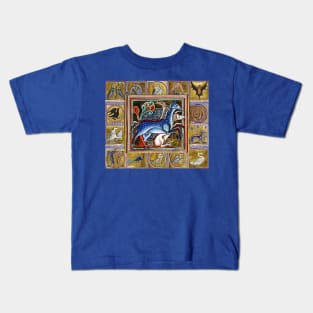 MEDIEVAL BESTIARY THREE HORSES, FANTASTIC ANIMALS IN GOLD RED BLUE COLORS Kids T-Shirt